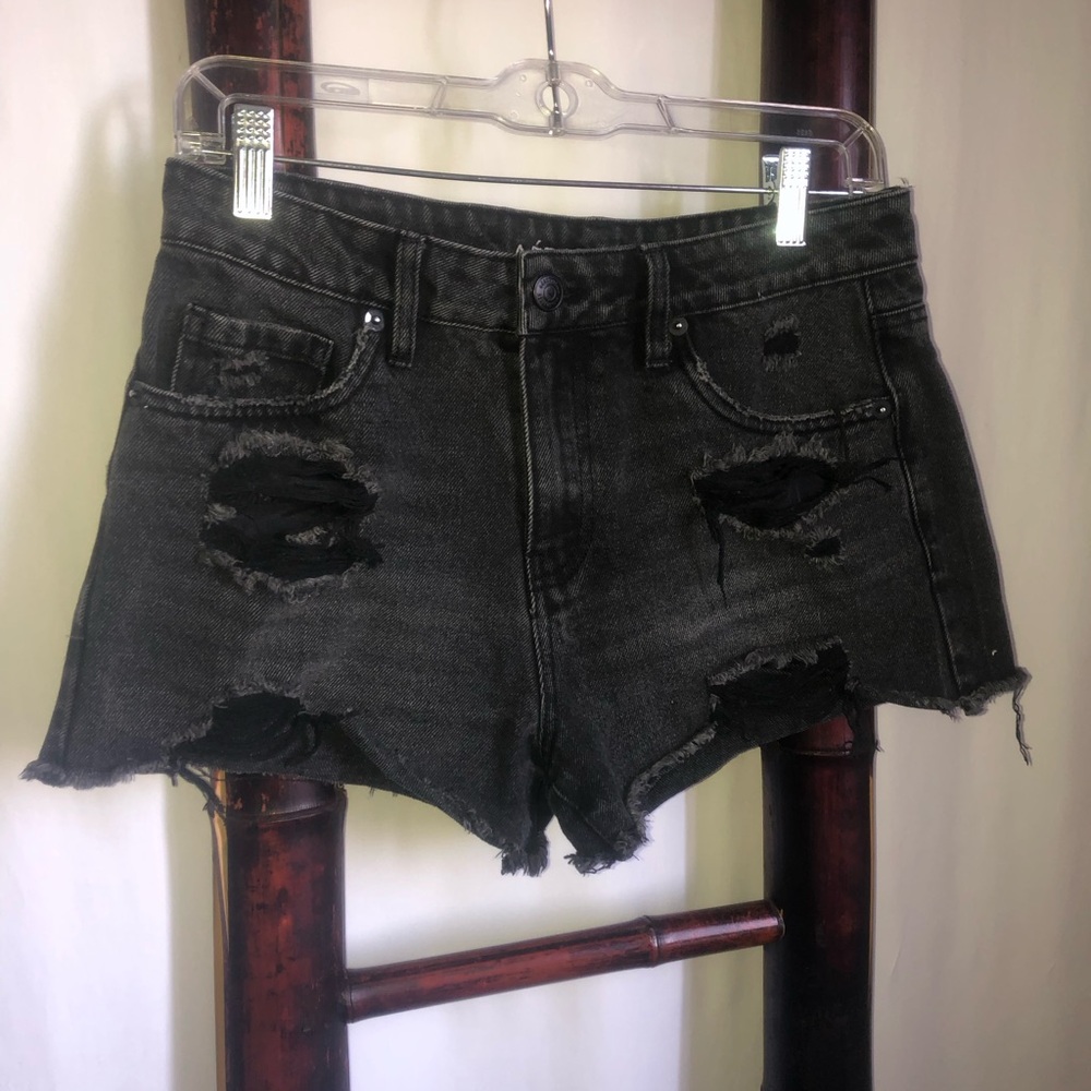 Distressed Black Denim Shorts